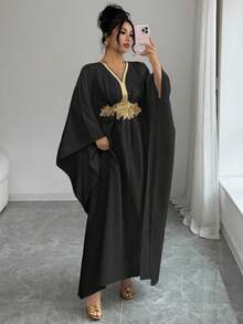 SHEIN Elenzya 金色滚边装饰优雅收腰修身中长连衣裙 - 黑色 - 查看 5