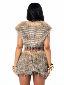 SUMWON WOMEN Faux Fur Fringe Bolero Vest Open Front Sleeveless Winter Festival Party Cover Up Jacket Cropped Outerwear - Apricot - View 2