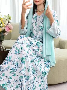 Yasmyna V领雪纺蕾丝拼接印花连衣裙配头巾 - 綠色 - 查看 4
