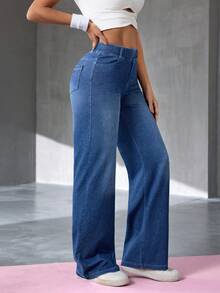 Flexra 女士直筒弹力腰休闲口袋牛仔裤，适合日常穿着 - 深色水洗藍 - 查看 7