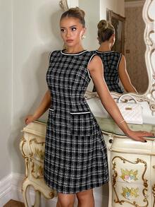 Glamine Charm Women's Elegant Elegant Lady-Like Floral Print Contrast Tape Trim Sleeveless Waist Cinched Dress, Summer - Black - View 5
