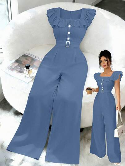 Elenzga New Women's Square Collar Ruffle Faux Placket Belt Decor Button Jumpsuit, Elegant Daily Commute Slimming High-Waisted Romper