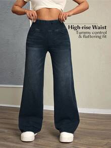 Flexra Jeans casuales y versátiles de talle alto y pierna ancha para mujer - Azul lavado oscuro - Ver 7