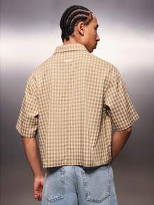 PLAYBOY X SUMWON Men's Cropped Button Down Shirt Short Sleeve Checkered Pattern Collared Casual Summer Spring Relaxed Fit Style - Yellow - View 2