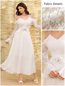 Modelyn Blusa elegante con cuello en V, volantes en la cintura y tela de encaje + Falda plisada, Primavera/Verano - Blanco - Ver 5