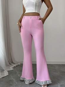 SHEIN Raffinéa Quần ống loe nữ chất liệu co giãn, pha trộn giữa vải dệt kim và chiffon, họa tiết chấm bi, phối màu tương phản, cạp chun, túi thật, viền bèo nhún, kiểu peplum, ống loe, thanh lịch, phù hợp đi làm, thường ngày, quyến rũ, gợi cảm, phong cách Y2K, lãng mạn, tối giản, thích hợp cho mùa xuân/hè. - Hồng - Xem 3
