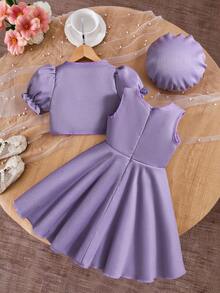 Souflis Everyday Casual Young Girls Purple Polyester Co-Ord Set With Floral Embellishments Round Neck Puff Short Sleeves And Short Length - Purple - View 2