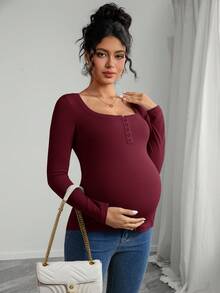 SHEIN Maternity Solid Color Square Neck Long Sleeve Fitted Henley T-Shirt - Burgundy - View 6