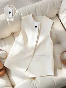 GlowEve Chaqueta regular sin mangas de unicolor versátil y casual para uso diario de mujeres - Blanco - Ver 3