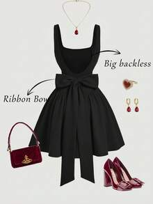 SHEIN MOD Plus Size Women Square Neck Sleeveless Dress With Bow Decor At Back - Black - View 9