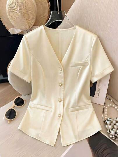 SHEIN Franclia Women's Elegant Fashion Commuter Outfit, Satin Lapel Button Pocket Decor Short Sleeve Blazer, Spring/Summer