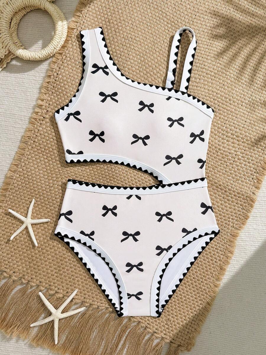 SHEIN Tween Girl's Bow Print One-Piece Swimsuit With Ruffle Trim, Suitable For Summer Beach Vacation - Black and White - View 1