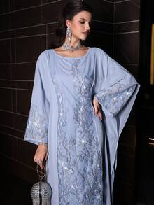Layrah Luxury Blue Chiffon Patchwork Beaded Embroidered Batwing Dress, Spring/Summer - Blue - View 7