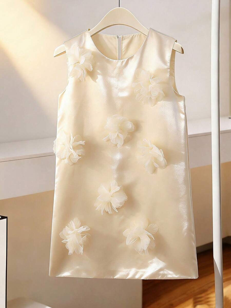 Franclia Women's Summer French Casual Vacation Minimalist Round Neck Sleeveless Decorative 3D Floral Satin Short Casual Dress Elegant Dress - Apricot - View 1