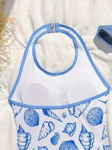 3件套少女贝壳印花挂脖泳衣、泳裤和短裤套装 - 藍白色 - 查看 5