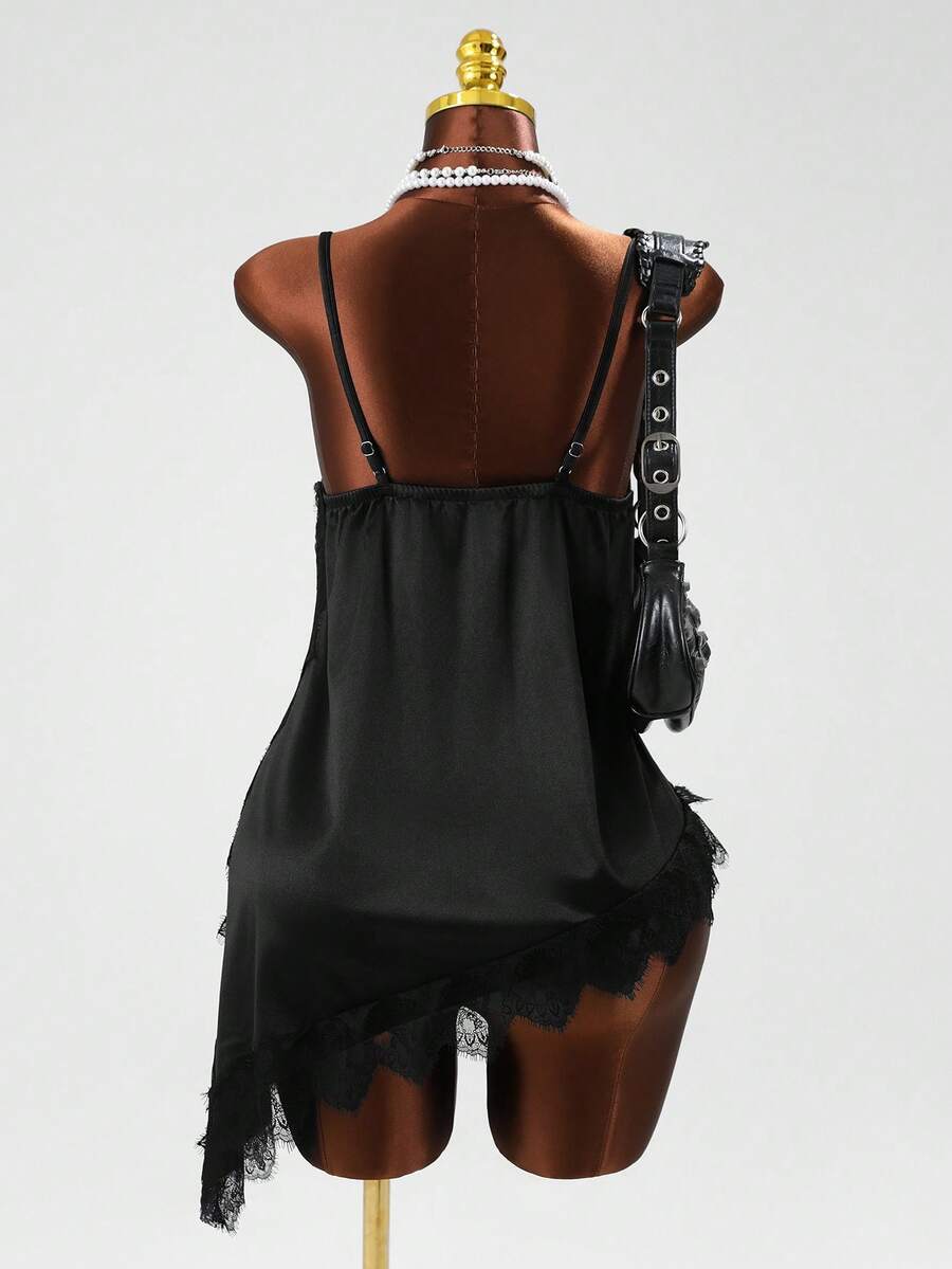 Lureya Women's Fashion Elegant Turtleneck Ruffled Lace Trim Camisole, Suitable For Valentine's Day, Wedding, Holiday, Casual Outing, Party, Irregular Hem Satin Vest - Black - View 1