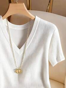 Franclia Women's Elegant Casual Ribbed V-Neck Short Sleeve T-Shirt - White - View 4
