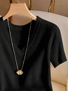 Franclia T-shirt court à col en V côtelé élégant et décontracté pour femmes - Noir - Voir 4