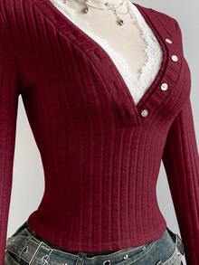 Elamini Sweet & Cute Textured Lace Splice Deep V Slim Fit Long Sleeve T-Shirt, Spring Knitted Tops For Women Maroon Top - Burgundy - View 6
