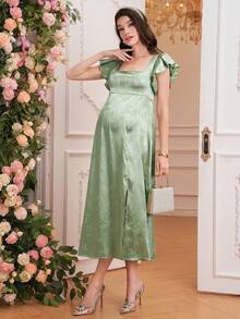 Momance D 孕妇连衣裙，方领，荷叶袖，绿色纹理面料，春夏款 - 綠色 - 查看 8