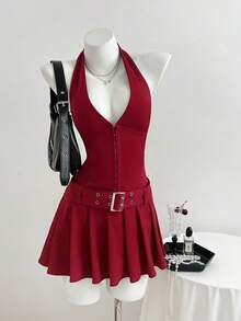 Elamini Women's V-Neck Casual Pleated Dress With Belt Deep V Neck Dress Dress Red Built In Bra Dress Dress Top Collar Dress - Red - View 4