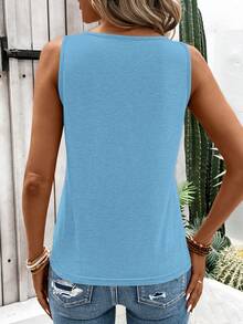 EMERY ROSE 女士夏季休闲日常通勤度假简约纯色圆环装饰镂空宽松背心 - 藍色 - 查看 2