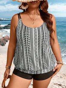 Swim Lushoire Plus Size Women's 2-Piece Set,White,Summer,Boho,Beach,Holiday Vintage Abstract Geometric Striped Print Scoop Neck Tankini Top With Shorts - Black and White - View 3