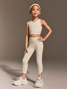 SHEIN Young Girls Clothing Fashion Set Features A Sleeveless Vest With A Cross-Cut Back Design And Tight Capri Pants, Making It Suitable For Daily Casual Outings And All-Season Wear - Apricot - View 5