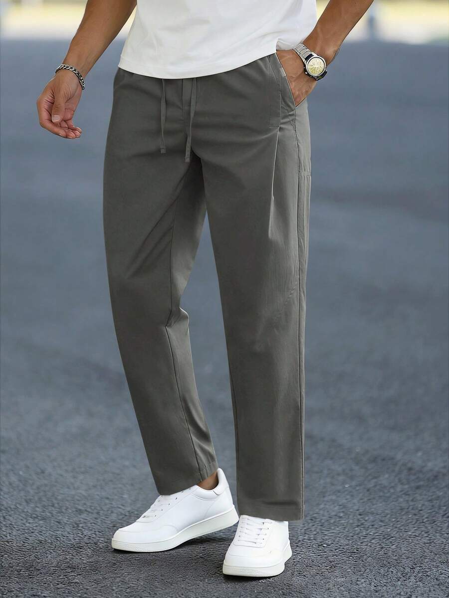 Manfinity Homme Men's Solid Color Drawstring Waist Casual Versatile Daily Wear Pants - Grey - View 1