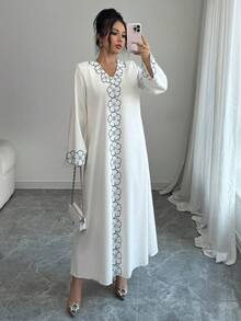 Yasmyna Women's Loose V-Neck Printed Long Sleeve Arabic Dress - Blue - View 4