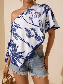 Vesra Women's Fashion Casual Asymmetric Printed Shoulder Top - Blue and White - View 4