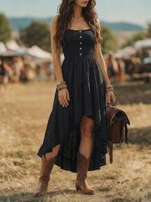 Balvessa Bohemian Style Casual Vacation Front Short Back Long Cinched Waist Women's Mid-Length Dress - Black - View 4