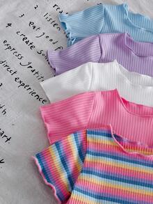 SHEIN 5pcs/Set Infant Girls' Fashion Frill Trim Tops, Spring/Summer - Multicolor - View 3