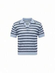 Airaco 2026春夏男士条纹休闲百搭通勤针织短袖上衣 - 藍色 - 查看 3