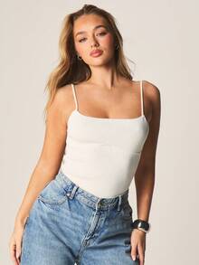MISSGUIDED Ribbed Knit Sleeveless Spaghetti Strap Square Neck Bodysuit With Classic Fitted Silhouette For Casual Everyday Wear - White - View 5