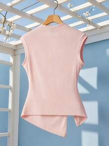 Franclia Women's Fashion Front Ruched Split Hem T-Shirt, Summer Tops For Women Elegant Light Pink Tops Pink Top Women Baby Pink Tops Sleeveless Pink Top - Pink - View 2
