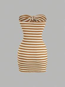 Sweetra Women's Contrast Stripe Backless Knit Tube Top Bodycon Mini Dress, Summer - Multicolor - View 2