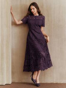 Anewsta 优雅蕾丝拼接紫色短袖花卉拼接连衣裙，适合情人节、婚礼宾客、狂欢节、春夏、新年、派对等场合，优雅女士连衣裙，别致时尚。 - 紫色 - 查看 3