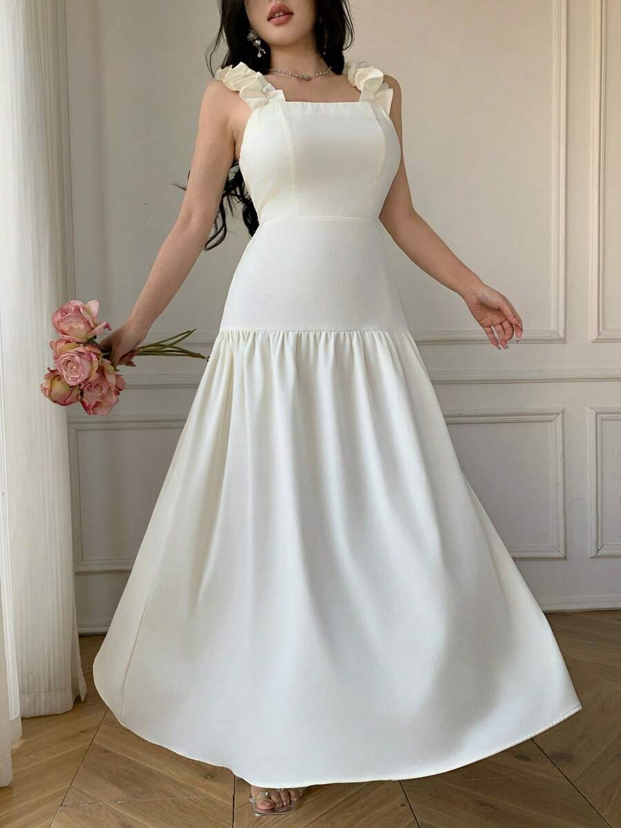 Celisse Square Neck Ruffle Trim Adjustable Shoulder Strap Elastic Waist Dress For Women - Apricot - View 1