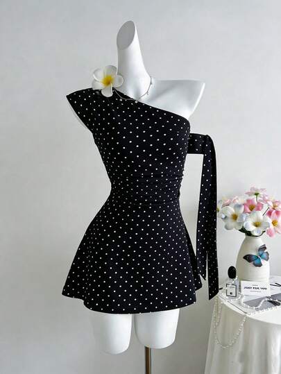 Sweetra 新款时尚不对称露肩性感修身优雅度假百搭舒适黑色波点蝴蝶结连衣裙，女士，春夏款