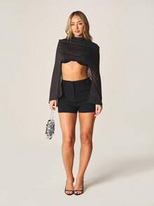 MISSGUIDED Women's Hooded Draped Long Sleeve Crop Top With Bell Sleeves And Open Back Detail - Black - View 5