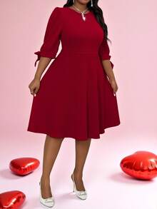 SHEIN Lady Frühlings- und Sommer-, Herbst- und Winterelegante Party-, Pendler-, Hochzeits-, Valentinstags-, Cocktailparty-, Büro-Rotes gestricktes Kleid mit rundem Ausschnitt, Ballonärmeln, Schleife und Midi-Länge, Dreiviertelärmel, Große Größen, Neujahrs-Outfit, Urlaubskleidung, Urlaubskleid, Silvesterparty-Kleid, Silvesterkleid, Silvesterparty-Kleid - Bordeaux - Übersicht 4