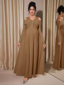 Momance Vestido midi de línea A de punto acanalado con botones y mangas raglán para maternidad, primavera/otoño - Café - Ver 3
