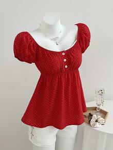 Elamini Áo sơ mi nữ tay ngắn cổ vuông in chấm bi thoải mái - Đỏ - Xem 3