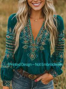 SHEIN LUNE 女士时尚西式刺绣V领长袖衬衫 - 墨綠色 - 查看 1