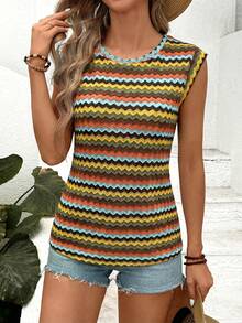 SHEIN LUNE 复古撞色条纹无袖圆领休闲T恤，夏季 - 彩色 - 查看 6