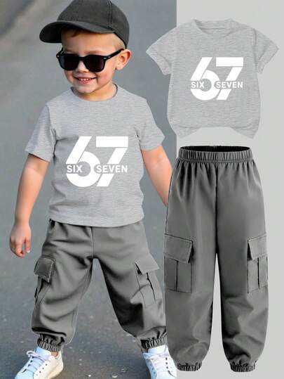 2pcs/Set Young Boy Printed Top & Drawstring Cargo Shorts Set, Fashionable Casual