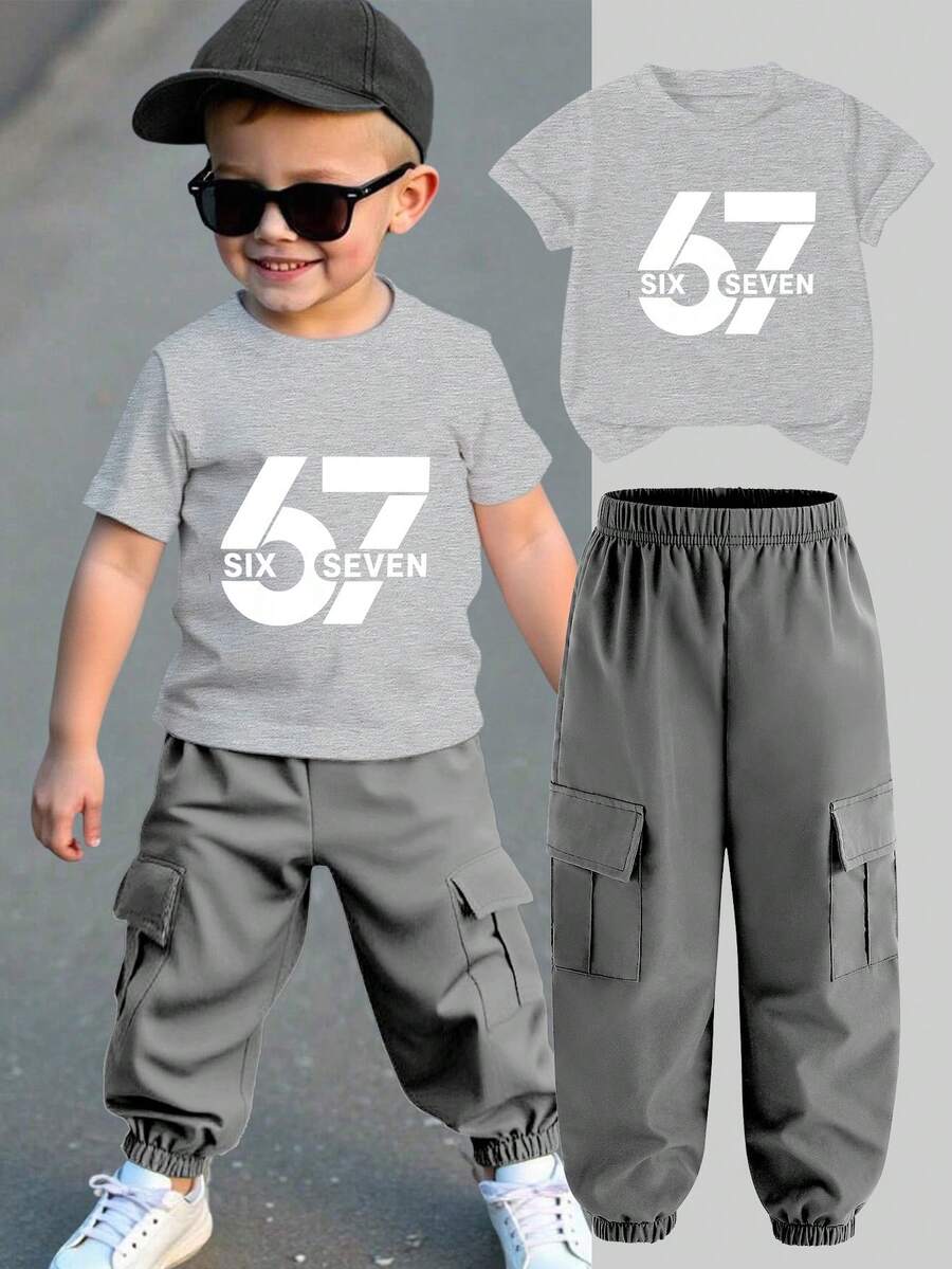 2pcs/Set Young Boy Printed Top & Drawstring Cargo Shorts Set, Fashionable Casual - Multicolor - View 1