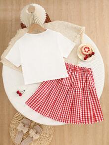 Elladie kids 两件套：少女格子图案梭织半身裙搭配蝴蝶装饰针织T恤，可爱校园/日常穿搭；两件套：女童蝴蝶装饰百褶裙搭配樱桃格子印花短袖短裤，舒适户外/校园穿搭 - 紅色 - 查看 4