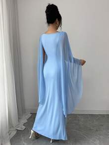 Elenzga 女士优雅雪纺拼接修身直筒褶皱蓝色派对/约会/休闲超长袖斗篷式连衣裙 - 淺藍色 - 查看 2